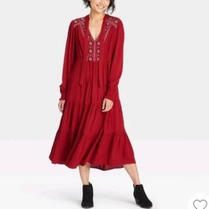 (L)- Knox Rose Women's Jewel Red Long Sleeved Embroidered Dress